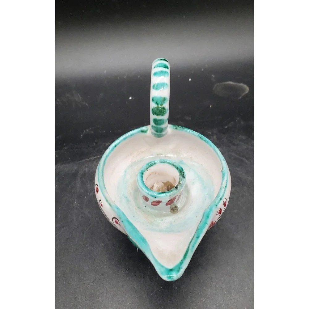 Vintage PV (Peasant Village) Italy Deruta Blue/Green Candlestick Handle 5